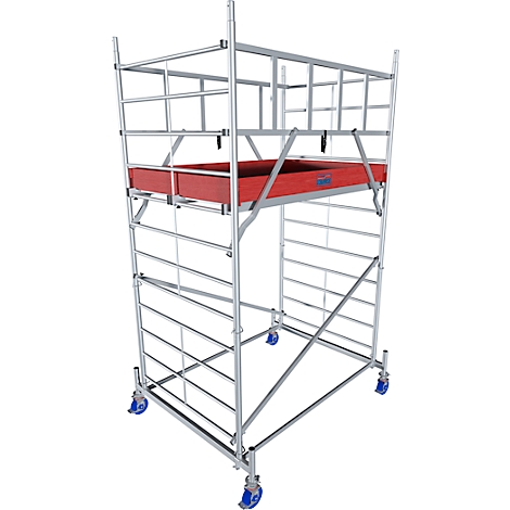 Metal scaffolding with red platform. Blue rolling wheels on the feet.