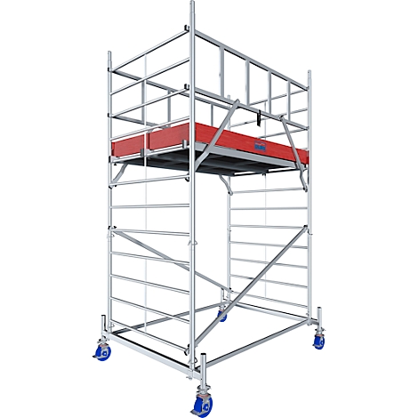 A silver scaffold on wheels, with a red platform in the middle.