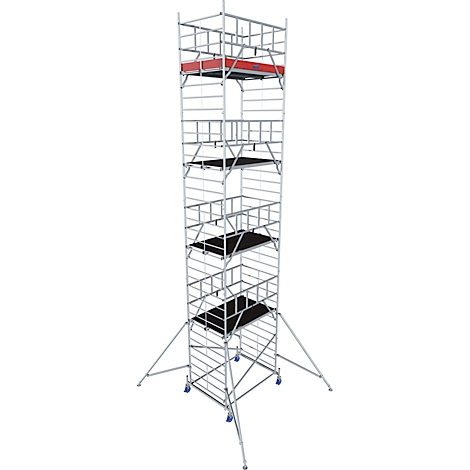 A tall metal scaffold with multiple work platforms. The top platform is red, the lower ones are black. The scaffold stands on wheels.