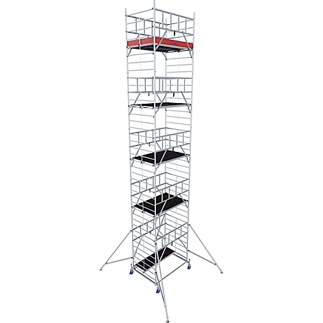 A tall mobile scaffold with multiple platforms, red and black surfaces. The background is white.