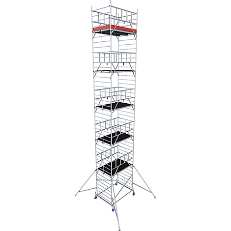 High metal scaffolding standing on wheels. Platforms black, one platform red.
