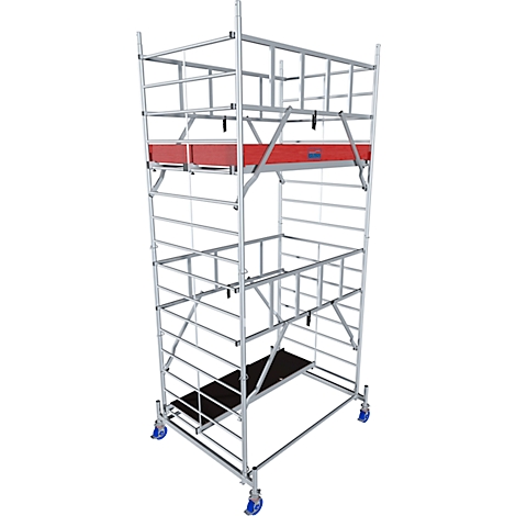 A silver scaffolding with a red platform and black floor, on blue-gray wheels.