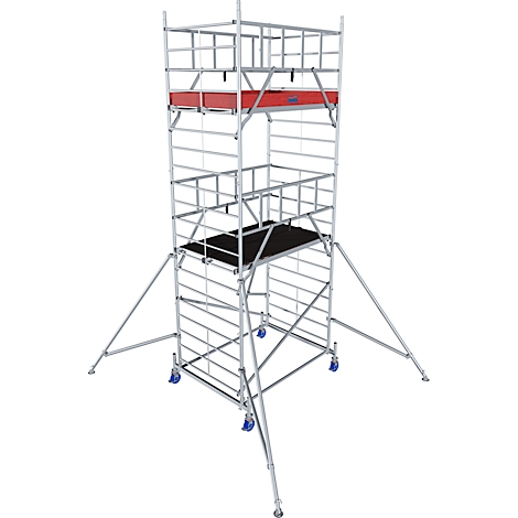 A tall, silver scaffolding. It has rollers and outriggers. On top a red shelf.