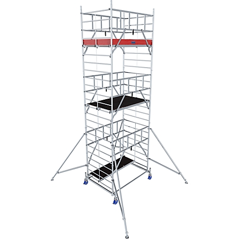 A tall, silver scaffolding structure. It has several platforms, a red bar and stands on wheels. Support legs widen the base.