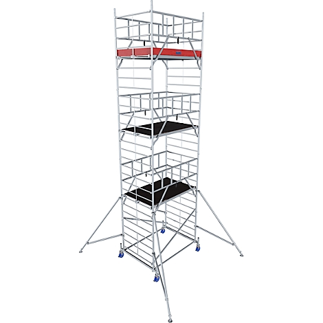 Scaffolding with multiple platforms at different heights, red and black. The scaffolding stands on wheels.