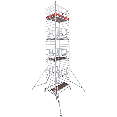 A tall, silver scaffolding with multiple platforms. The top one is red, the others brown. Wheels and support feet.