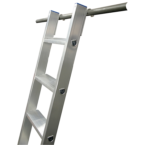 Aluminum ladder with blue end caps, attached to a bar, detailed view on a white background.