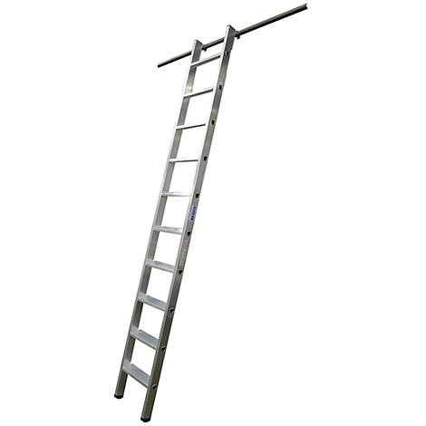 Aluminum ladder attached to a horizontal bar.