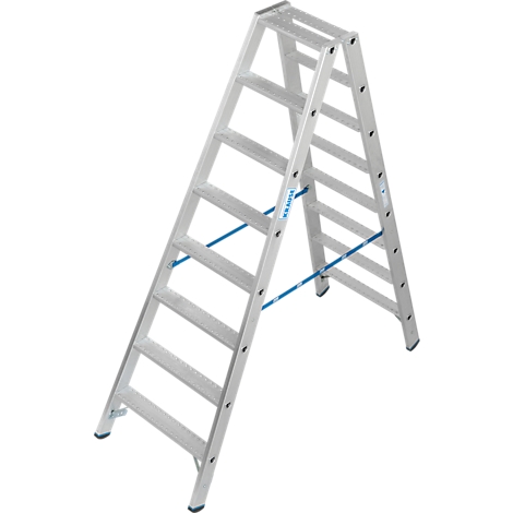 Zilveren, vrijstaande ladder; blauwe stutten verbinden de zijkanten, zwarte rubberen voeten.