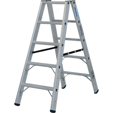 Zilveren trap met vijf treden. Zwarte stutten verbinden de zijkanten. "KRAUSE" staat op de zijkant.