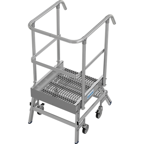 Zilveren rolwerktrap met reling. Roosterplatform.