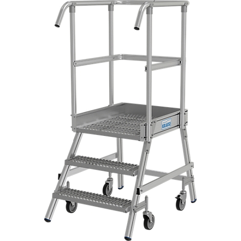 Aluminium-Stehleiter mit Plattform, Geländer und Rollen, freistehend.