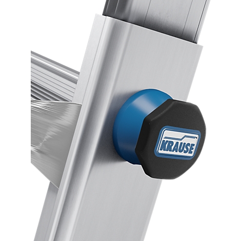 Escabeau plateforme en aluminium avec accessoires bleus. Un conteneur bleu avec un logo d'entreprise est en haut.