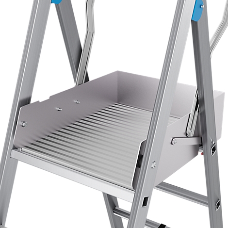 Aluminium platform met reling en platform. Blauw detail. Opschrift.