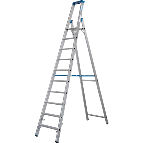 Silberne Stehleiter, blau akzentuiert. Zwei Seitenteile, Sprossen, oberer Haltegriff und Streben.