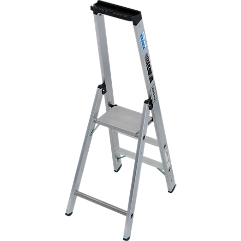 Silberne Stehleiter mit schwarzer Plattform und oberer Halterung. Das Logo "KRAUSE" ist auf der Seite zu sehen.