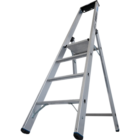 Aluminium-Stehleiter mit vier Stufen. Die Leiter hat eine schwarze Plattform und Füße.