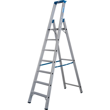 Silberne Stehleiter, blau akzentuiert. Sieben Sprossen, stabile Konstruktion, bereit für den Einsatz.
