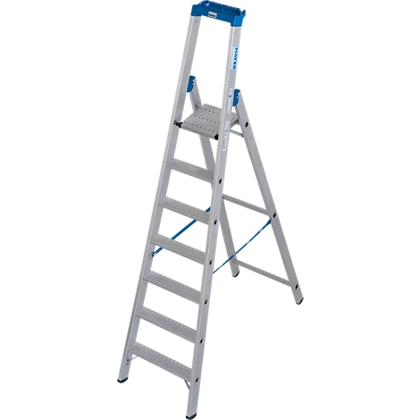 Aluminium-Stehleiter, blau und silberfarben. Mit 6 Stufen und einer Plattform zum Stehen.
