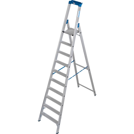Aluminium trap ladder, vrijstaand. Het heeft blauwe accenten, 8 treden en een platform.