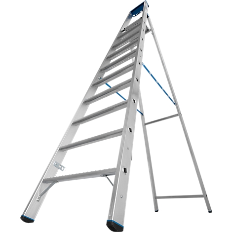Een zilveren ladder staat op een witte achtergrond. Blauwe accenten op de uiteinden en stutten.