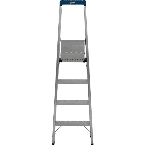 Grijze trap met blauwe handgreep. Meerdere treden en een platform.