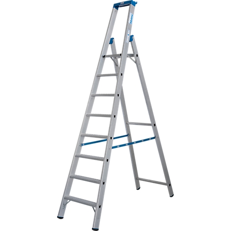 Zilveren trap tegen een lichte achtergrond. Blauwe elementen op de sporten en op de bovenste handgreep.