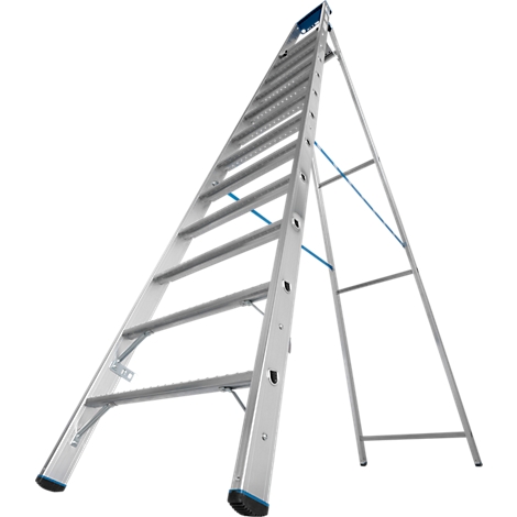 Aluminium A-vorm ladder op een witte achtergrond. Blauwe beugels, zwarte voeten.
