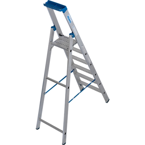Zilveren trap met blauwe accenten, merk Krause. De ladder heeft een platform en treden.