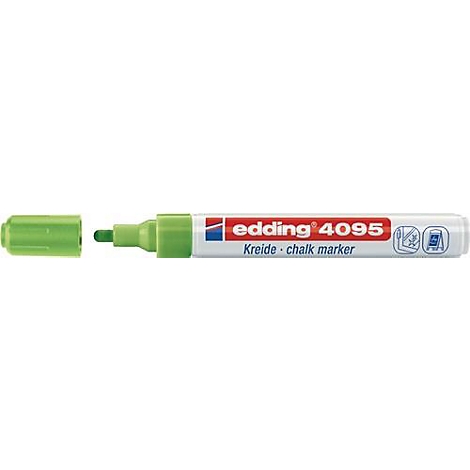 Een groene edding krijtmarker, dop ernaast. Op de marker staat: "edding 4095 Kreide-chalk marker".