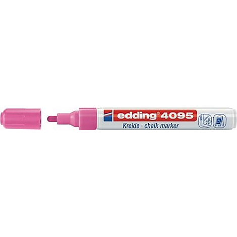 Roze Edding krijtmarker, de dop is open. De pen leest "edding 4095".