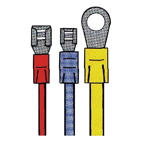 Drie gekleurde kabels: rood, blauw en geel. Connectoren in verschillende vormen aan de uiteinden.
