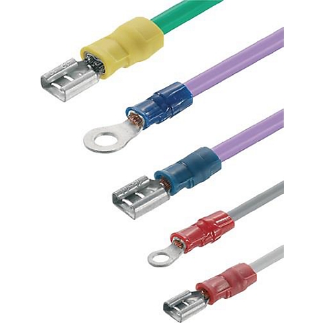 Close-up van kabels met verschillende gekleurde connectoren, waaronder geel, blauw en rood.