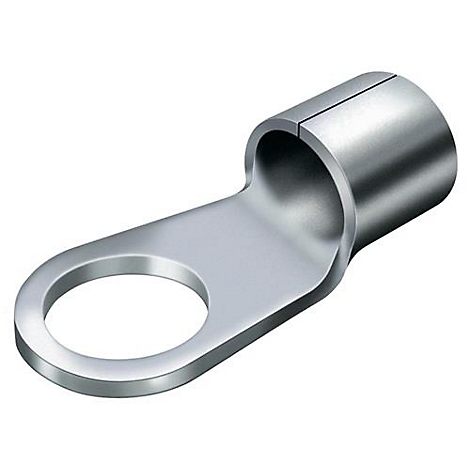 Een metalen ringkabeloog met een rond gat en cilindrische connector.
