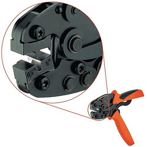 Zwarte krimptang, oranje handvat, detailweergave met afmetingen 0,5-6 mm².