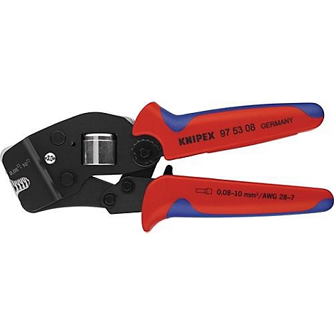 Krimptang met rode handgrepen, blauwe accenten en de tekst KNIPEX 97 53 08 GERMANY.