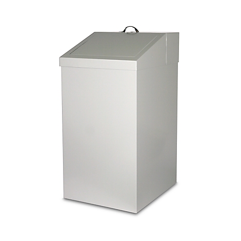 Witte vuilnisbak met schuine deksel en handvat. Hoekig en modern.