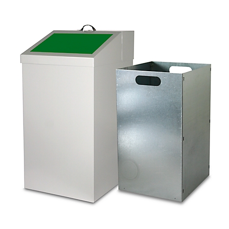 Twee vuilnisbakken: één witte met een groen deksel en handvat, en een metaalkleurige container.