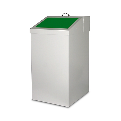 Witte prullenbak met groen deksel en handvat. Het deksel is licht hellend.