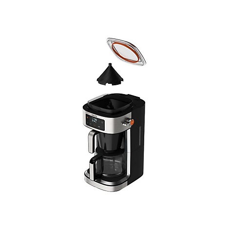 Krups Kaffeemaschine mit abgenommenem Deckel und Kaffeefilter-Aufsatz in Explosionsansicht.