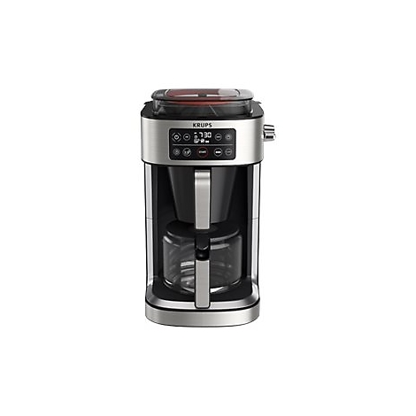 Silberne Krups Filterkaffeemaschine mit Digitaldisplay und Glaskanne vor weißem Hintergrund.