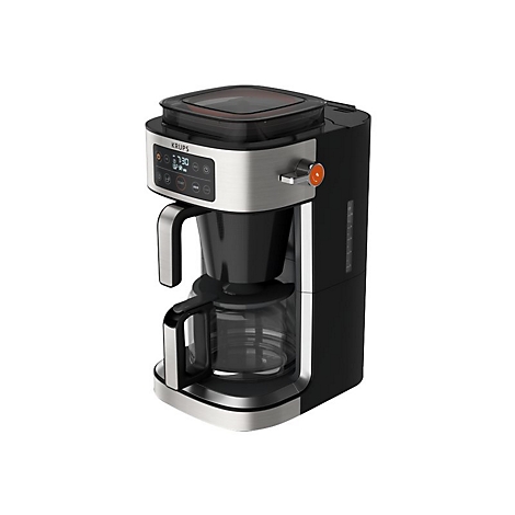Krupps Kaffeemaschine mit digitalem Display, Edelstahlgehäuse und Glaskanne auf weißem Hintergrund.