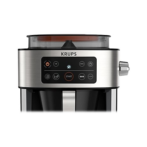 Nahaufnahme der Bedienoberfläche einer silber-schwarzen Krups Kaffeemaschine mit Touch-Tasten.