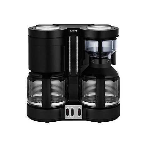 Schwarze Krups Doppel-Kaffeemaschine mit zwei Glaskannen auf weißem Hintergrund.