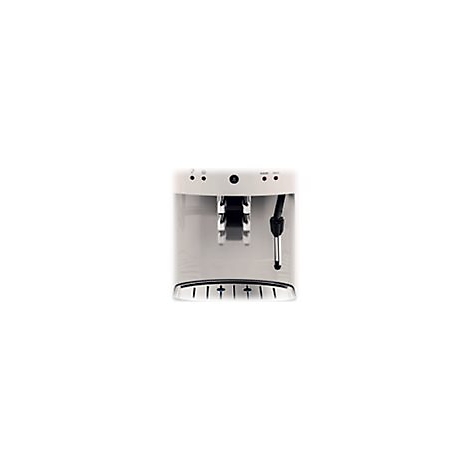 Weiße Kaffeemaschine mit zentralem Auslauf, seitlicher Milchschaumdüse und glänzender Abtropfschale.