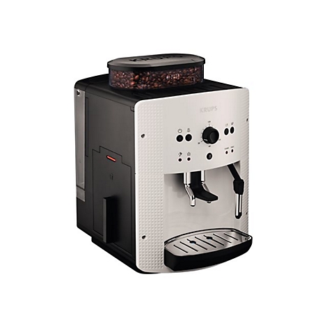 Krups Kaffeevollautomat in Schwarz und Weiß mit Bohnenbehälter vor neutralem Hintergrund.