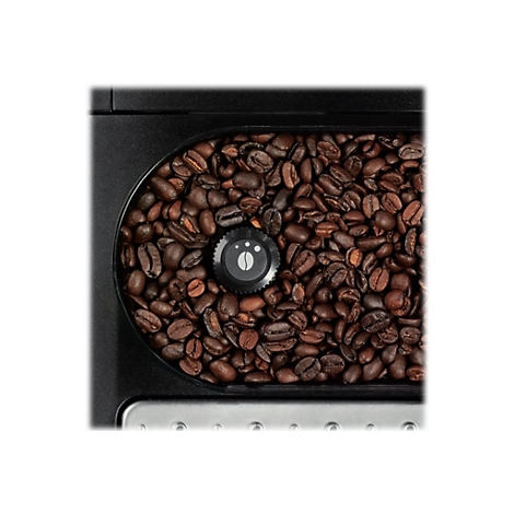 Nahaufnahme des Bohnenbehälters eines Kaffeevollautomaten mit braunen Kaffeebohnen und zentralem Mahlgradregler.