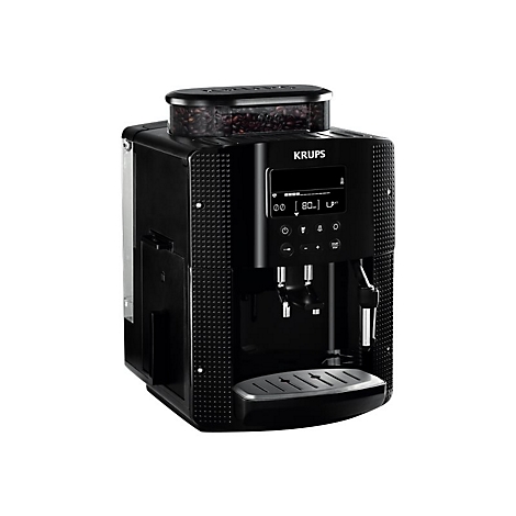 Krups Kaffeevollautomat in Schwarz mit digitalem Display, Bohnenbehälter oben und verstellbarem Auslauf.