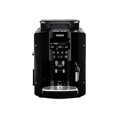 Schwarzer Krups Kaffeevollautomat mit digitalem Display und Bohnenbehälter vor weißem Hintergrund.