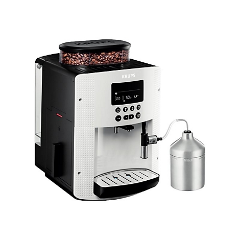 Krups Kaffeevollautomat in Weiß und Schwarz mit Bohnenbehälter und externem Edelstahl-Milchbehälter.